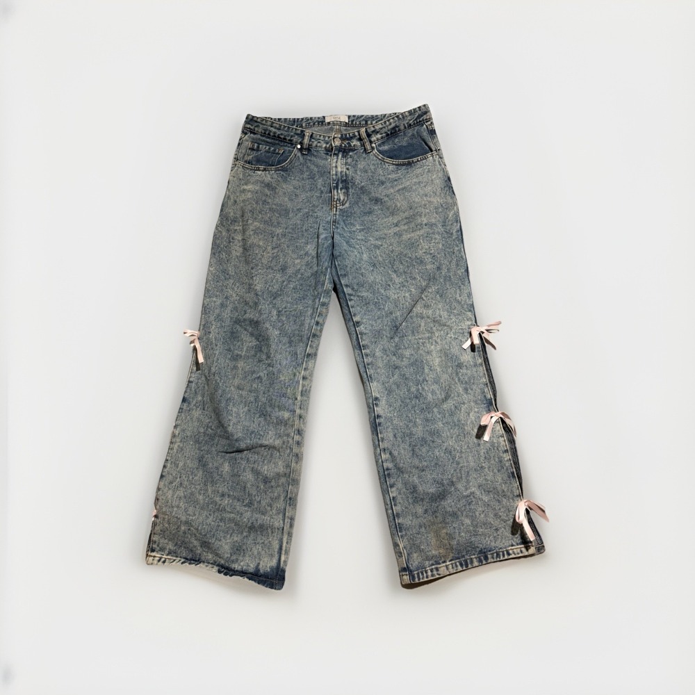 rise supply co zip fly jeans‎ with pink ribbon sides, women's 17